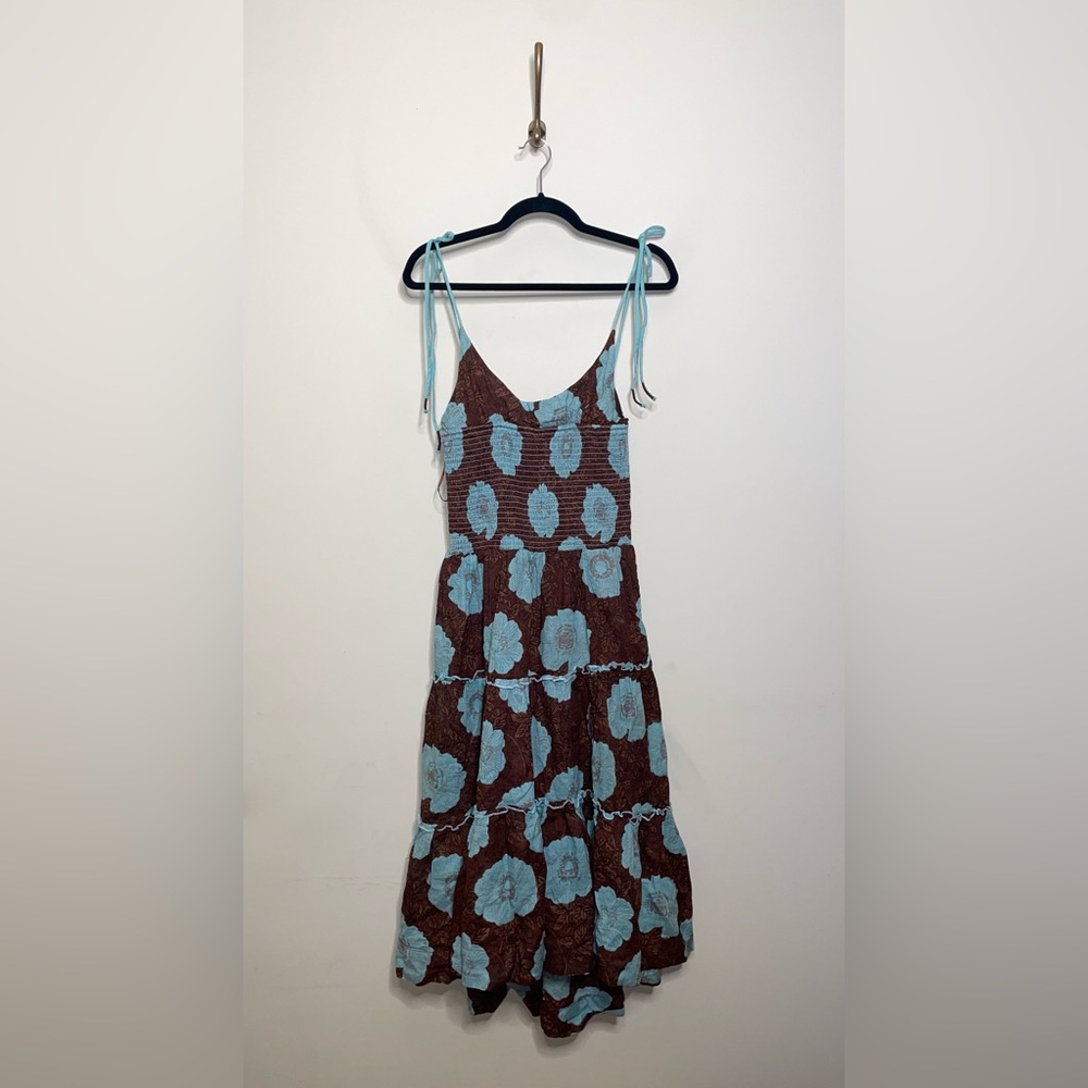 Free People Brown and Aqua Floral Tiered Midi Dress - Picture 5 of 8
